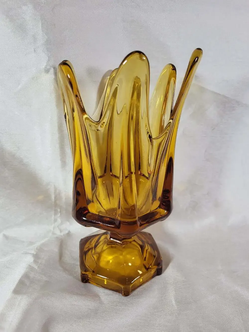Vintage Viking Glass Mid-Century Modern Amber 6-Finger Pedestal Vase